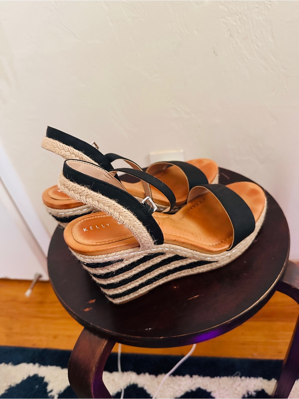 Kelly & Katie Black Espadrille Stripe Wedge Sandals